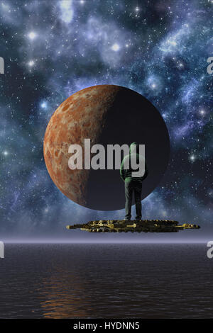 Alien mare e luna 3D render science fiction illustrazione Foto Stock
