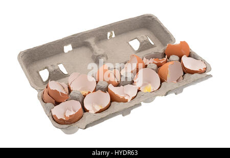 Una dozzina di utilizzati gusci delle uova in un contenitore di cartone isolato su uno sfondo bianco. Foto Stock