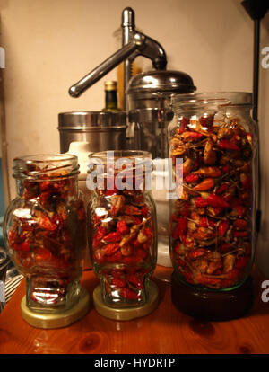 Red bird's eye chilis essiccamento in vasi nella tradizionale cucina greca Foto Stock