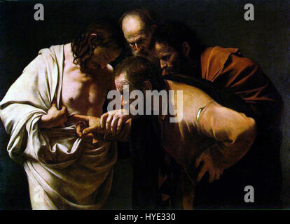 Il "Tommaso dubbioso" di Caravaggio rappresenta il momento biblico in cui Tommaso tocca le ferite di Cristo, reso con una drammatica illuminazione e un intenso realismo caratteristico del periodo barocco. Foto Stock