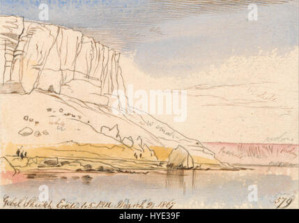 "Gebel Sheikh eredi" di Edward Lear è un dipinto di paesaggio che presenta una vista spettacolare del deserto del Sinai. Il rendering dettagliato di Lear cattura il terreno accidentato e la dura bellezza della regione. Foto Stock