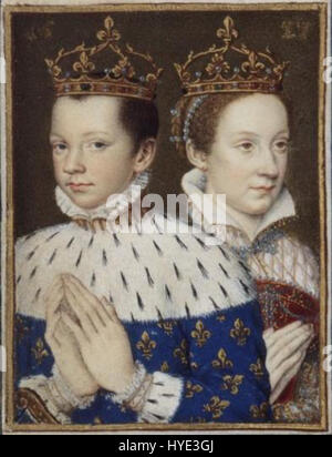 Questo ritratto storico raffigura Francesco II di Francia e Maria Stuart, regina di Scozia, che si sposarono nel 1558. Il dipinto riflette il loro status reale e il loro ruolo nella storia politica europea durante il XVI secolo. Foto Stock