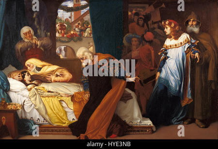 "La finta morte di Giulietta" di Frederic Leighton illustra una scena drammatica tratta da "Romeo e Giulietta" di Shakespeare. Il dipinto raffigura Giulietta sdraiata in uno stato deathlike, la sua bellezza catturata in uno stile elegante e classico. Foto Stock