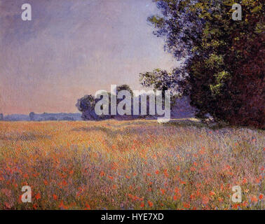 *OAT and Poppy Field* di Claude Monet cattura una tranquilla scena rurale vicino a Giverny, mostrando i vibranti colori della natura. Il dipinto mette in evidenza la maestria di Monet nella luce e nella consistenza, comune nelle sue opere impressioniste. Foto Stock