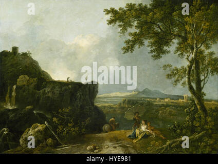 "Il monaco bianco" di Richard Wilson è un dipinto di paesaggio che raffigura un monaco solitario in un ambiente naturale sereno. Il lavoro di Wilson cattura la bellezza tranquilla della natura attraverso la luce soffusa e la prospettiva atmosferica, tipica del suo stile del XVIII secolo. Foto Stock