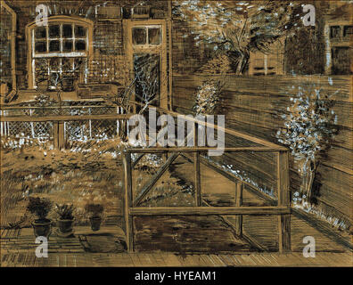 Il "De tuin achter het huis van de moeder van Sien in Den Haag" di Vincent van Gogh (il giardino dietro la casa della madre di Sien a l'Aia) raffigura un tranquillo giardino. Dipinto nel 1882, questo lavoro riflette la prima esplorazione del colore e della luce di van Gogh durante il suo periodo a l'Aia. Foto Stock