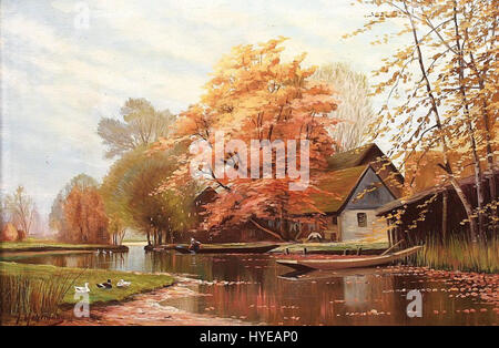 "Spreewald Idyll" di Walter Moras cattura una tranquilla scena rurale nella regione tedesca di Spreewald, raffigurando un canale con case, persone, anatre e barche in un ambiente tranquillo e idilliaco. Foto Stock