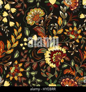 Colorato seamless con motivi orientali su sfondo scuro. Illustrazione Vettoriale