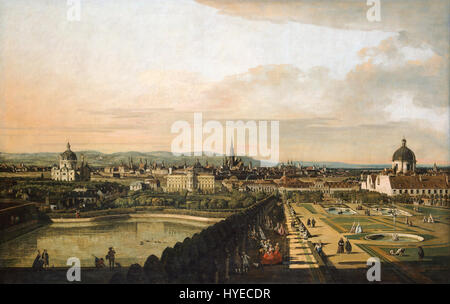 "Vienna vista dal Palazzo del Belvedere" è un dipinto di Bernardo Bellotto, noto anche come Canaletto. L'opera raffigura una vista panoramica di Vienna dal Palazzo Belvedere, che mostra la bellezza architettonica della città. Foto Stock