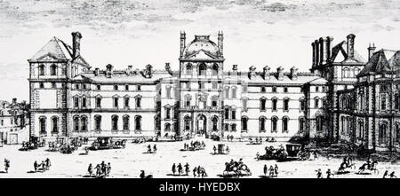 La "facciata del Louvre Perelle vista da Rue Fromenteau ai tempi di Ludwig XIV" è un'opera d'arte che illustra la facciata del Louvre durante l'epoca di re Luigi XIV, offrendo una visione storica dell'architettura. Foto Stock