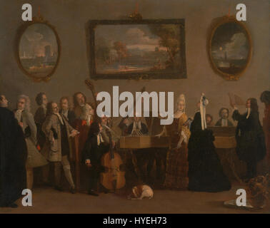 La "prova di un'opera" di Marco Ricci mette in mostra la vibrante energia della preparazione teatrale. Il dipinto probabilmente cattura un momento prima di una performance, sottolineando l'atmosfera dietro le quinte delle prove d'opera e l'energia dinamica di musicisti e artisti. Foto Stock