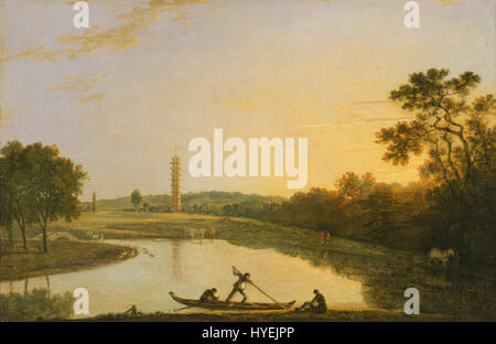 Questo dipinto di Richard Wilson raffigura una vista dei Kew Gardens, concentrandosi sull'iconica pagoda e sul ponte. Il lavoro di Wilson mette in mostra la natura pittoresca del paesaggio britannico e l'armonia tra architettura e natura nell'Inghilterra del XVIII secolo. Foto Stock