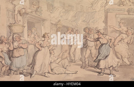 *Angry Scene in a Street* di Thomas Rowlandson raffigura una caotica scena di strada piena di figure arrabbiate. Noto per le sue opere satiriche e spesso umoristiche, Rowlandson cattura le emozioni e le tensioni della vita urbana nella Gran Bretagna del XVIII secolo. Foto Stock