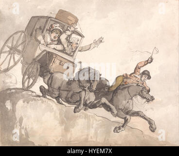 "The Runaway Coach" di Thomas Rowlandson raffigura una scena vivace in cui un pullman trainato da cavalli perde il controllo, catturando la natura caotica e umoristica dell'incidente. Le opere di Rowlandson spesso rappresentavano la vita di tutti i giorni con un umorismo esagerato. Foto Stock