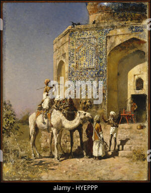 Questo dipinto di Edwin Lord Weeks raffigura la Moschea con piastrelle blu antica situata vicino a Delhi, India, che mostra il suo stile architettonico distinto con intricate piastrelle blu. L'opera d'arte mette in evidenza la grandezza della moschea e il suo ambiente circostante. Foto Stock