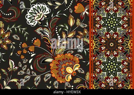 Set di seamless motivo floreale e di confine per il design. Disegnare a mano illustrazione vettoriale. Seamless sfondo con fiori. Illustrazione Vettoriale