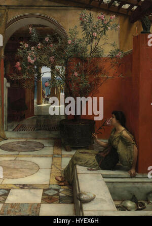 "An Oleander" di Lawrence Alma Tadema raffigura una scena classica, mescolando elementi mitologici e storici. Il dipinto è rinomato per la sua rappresentazione dettagliata di figure classiche e la maestria dell'artista nel catturare le texture del tessuto e della pelle. Foto Stock
