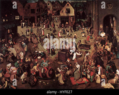 "La lotta tra il Carnevale e la Quaresima" di Pieter Bruegel descrive una battaglia simbolica tra l'indulgenza del Carnevale e l'austerità della Quaresima. Questo dipinto del 1559 riflette la maestria di Bruegel nel ritrarre costumi sociali e temi religiosi. Foto Stock