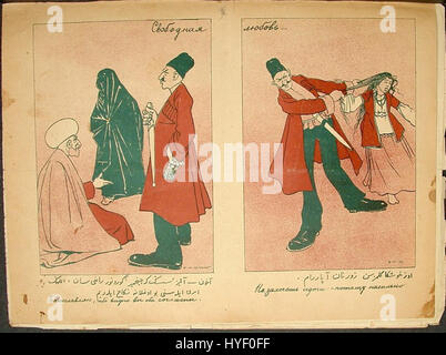 "Amore libero (matrimonio forzato)" di Oskar Shmerling è un'opera satirica presente nella pubblicazione azera molla Nasreddin. Critica umoristicamente le norme sociali sull'amore e il matrimonio, ritraendo la tensione tra libertà individuale e vincoli tradizionali. Foto Stock
