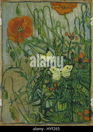 Le "farfalle e papaveri" di Vincent van Gogh esemplificano la sua abilità nel raffigurare elementi naturali, concentrandosi in particolare sui colori vivaci e le consistenze dei fiori e degli insetti. Questo lavoro riflette l'attenzione di van Gogh alla natura e il suo caratteristico stile pennellata. Foto Stock