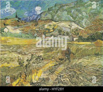 Questo dipinto di Vincent van Gogh, intitolato "Weizenfeld hinter dem Hospital Saint Paul mit Bauer", raffigura un paesaggio rurale con un contadino che lavora in un campo di grano dietro l'ospedale Saint Paul. Riflette la maestria di Van Gogh nel catturare la vita di tutti i giorni con colori vivaci e pennellate dinamiche. Foto Stock
