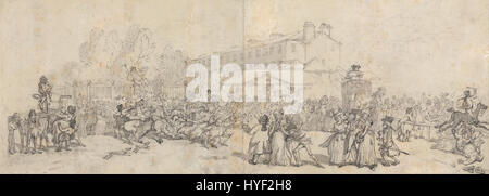 L'illustrazione di Thomas Rowlandson "Hyde Park Corner" cattura umoristicamente la vivace scena sociale della Londra del XVIII secolo. Noto per le sue caricature, il lavoro di Rowlandson ritrae la vivace atmosfera degli spazi pubblici di Londra, pieni di gente alla moda e carrozze trainate da cavalli. Foto Stock