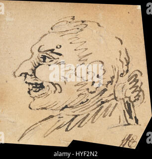 La grottesca testa maschile di William Hogarth esemplifica la sua abilità nel creare ritratti esagerati e satirici di figure umane. Conosciuto per il suo commento sociale, Hogarth usò immagini grottesche per criticare le norme sociali e la follia umana. Foto Stock