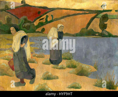 "Les Laveuses A la Laita" di Paul Serusier è un dipinto post-impressionista che cattura le donne lavatrici lungo il fiume, mostrando l'attenzione dell'artista sul colore e le forme semplificate, caratteristiche del suo stile all'inizio del XX secolo. Foto Stock