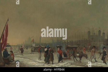 "Frost on the Tamigi" di Samuel Collings cattura il paesaggio invernale lungo il fiume Tamigi in Inghilterra. Il dipinto mostra gli effetti del gelo sull'acqua e sui dintorni, riflettendo la serena bellezza di una fredda giornata invernale all'inizio del XIX secolo. Foto Stock