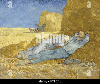 "La Siesta" di Vincent van Gogh (dopo Millet) dimostra la sua capacità di reinventare opere di altri artisti. Il dipinto mostra i contadini che riposano in un campo, attingendo alla precedente rappresentazione della vita rurale di Jean-Francois Millet. L'uso di colori audaci e pennellate testurizzate di Van Gogh trasforma la scena in una vivida espressione del lavoro rurale. Foto Stock