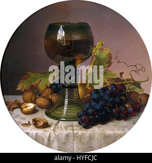 "Obststilleben" di Johann Wilhelm Preyer cattura una disposizione dettagliata dei frutti, con una forte enfasi sulla consistenza e sulla luce. Questo dipinto di natura morta riflette l'esperienza di Preyer nel raffigurare soggetti naturali con precisione e realismo, caratteristica dell'arte tedesca del XIX secolo. Foto Stock