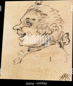 “Grotesque male Head” di William Hogarth è un esempio sorprendente della capacità dell’artista di combinare satira e ritrattistica. L'opera esagera umoristicamente le caratteristiche, usando la caricatura per creare un'immagine di mascolinità distorta in un contesto satirico. Foto Stock