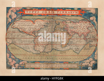 "Typus Orbis Terrarum" è una mappa storica del mondo, che riflette la conoscenza geografica del tempo in cui è stata creata. Illustra il mondo conosciuto, con regioni dettagliate, oceani e paesi, raffigurando le prime pratiche cartografiche e la percezione del globo. Foto Stock