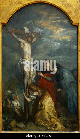 La "Crocifissione" di Carpeaux, ospitata nel Palais des Beaux-Arts di Lille (PdBA), è una potente rappresentazione della crocifissione di Cristo. La scultura è nota per la sua intensità emotiva e la dettagliata rappresentazione della sofferenza. Il lavoro di Carpeaux esemplifica lo stile drammatico della scultura francese del XIX secolo, catturando sia l'agonia fisica che la trascendenza spirituale. Foto Stock