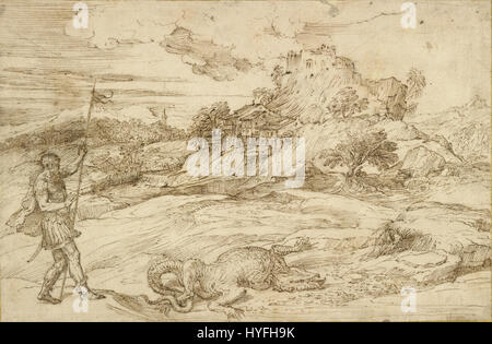 Il "paesaggio con San Teodoro che supera il Drago" di Tiziano ritrae la leggendaria storia di San Teodoro che trionfa su un drago, ambientato in un paesaggio drammatico. Il dipinto combina la narrazione religiosa con uno sfondo ricco e suggestivo, tipico della maestria di Tiziano nel fondere figure umane con ambientazioni naturali e un uso vivido dei colori. Foto Stock