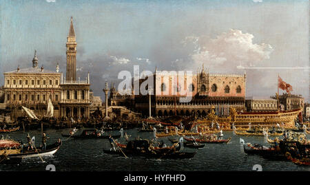 Giovanni Antonio Canal, conosciuto come Canaletto, raffigura "il Bucintoro al Molo il giorno dell'Ascensione" con minuziosi dettagli, catturando la grande processione della chiatta di stato veneziana durante le celebrazioni del giorno dell'Ascensione. Foto Stock