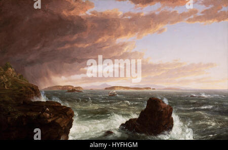 Il dipinto paesaggistico di Thomas Cole 'Views Across Frenchman's Bay from Mt. Desert Island, After a Squall' cattura i drammatici effetti di una tempesta, mostrando la maestria di Cole nel rappresentare la sublime bellezza della natura. Foto Stock