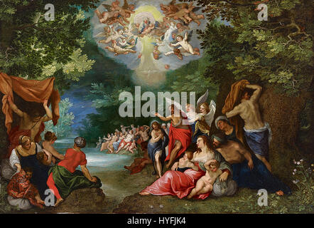Questo dipinto collaborativo di Jan Brueghel il Vecchio e Hans Rottenhammer raffigura la scena biblica del Battesimo di Cristo. L'opera presenta dettagli vividi, che mostrano i ricchi colori e l'intricato simbolismo tipico dell'arte barocca fiamminga. Foto Stock