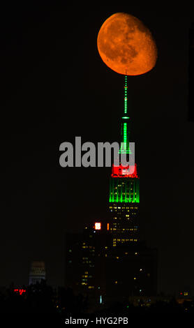 NEW YORK, Stati Uniti d'America: foto sorprendenti dell'Empire State Building con un arancione luna passa overhead sono state acquisite. Le immagini mostrano come uno del mondo più edifici iconici sembrava ancora più impressionante con la nostra luna incandescente overhead arancione. Altre foto mostrano la Manhattan sorgere del sole e il Ponte di Brooklyn. American technical writer Jennifer Khordi (46) è stato in grado di catturare queste impressionanti scatti da lo skyline della città di Jersey e Kearny cittadina nel New Jersey. Foto Stock