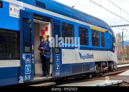 Le ferrovie ceche classe 844, conduttore, Repubblica Ceca treno, Europa Foto Stock