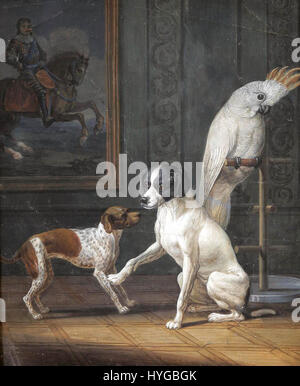 "Zwei Hunde und Kakadu" di Siegwald Dahl raffigura due cani e un cockatoo in una scena dinamica e vivace. Il dipinto cattura l'interazione tra gli animali, enfatizzando la loro personalità e la loro vivida espressione. L'uso del colore e l'attenzione ai dettagli di Dahl evidenziano la vivacità degli animali, creando una composizione giocosa e coinvolgente. Foto Stock