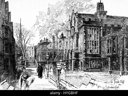 La rappresentazione di Herbert Railton della Middle Temple Hall e della Fountain Court mette in mostra una raffinata rappresentazione dell'architettura britannica. L'opera d'arte è nota per i suoi dettagli intricati e la precisione storica, concentrandosi sull'eleganza architettonica. Foto Stock