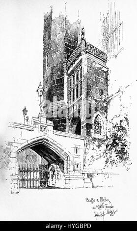 La rappresentazione di Herbert Railton del "Bridge and Porch of Middle Temple Library" mostra la sua abilità nel catturare dettagli architettonici e scene storiche. Il dipinto enfatizza l'intricato design del ponte e del portico della biblioteca, offrendo una vista storica del quartiere legale di Londra. Foto Stock