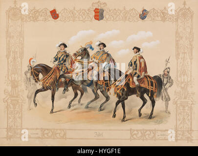 Il "Prager Caroussel von 1854" raffigura rappresentanti nobili a cavallo, celebrando la tradizione della pageanteria equestre nell'Europa del XIX secolo. Le opere d'arte evidenziano l'importanza della nobiltà e il loro ruolo nelle esposizioni cerimoniali. Foto Stock