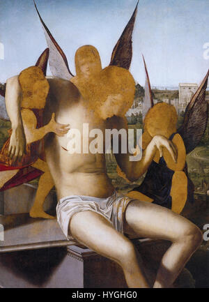 Antonello da Messina è stato un pittore rinascimentale italiano noto per i suoi ritratti dettagliati e l'uso della luce. Le sue opere, spesso di natura religiosa, contribuirono a colmare il divario tra l'arte italiana e quella fiamminga, in particolare attraverso il suo uso di pitture ad olio. Foto Stock