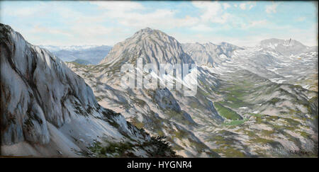L'opera di Oswald Stieger raffigura il Rax Schneeberg Gruppe, una catena montuosa in Austria. Questo dipinto cattura la bellezza panoramica e il terreno aspro delle Alpi. Foto Stock