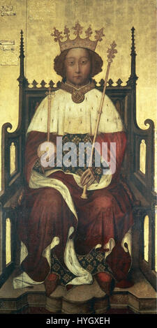 Il Ritratto Westminster di Riccardo II, dipinto nel 1390, è un'immagine iconica del re inglese. Il dipinto raffigura Riccardo II in abito regale, simboleggiando la sua autorità reale e l'eleganza della vita di corte medievale. Funge da rappresentazione chiave della ritrattistica tardo medievale e della monarchia inglese. Foto Stock