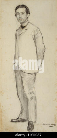 Questo pezzo di Ramon Casas, esposto al MNAC, raffigura una scena che coinvolge Pompeu Fabra, una figura chiave nella standardizzazione della lingua catalana. L'opera d'arte enfatizza la storia culturale e intellettuale della Catalogna. Foto Stock