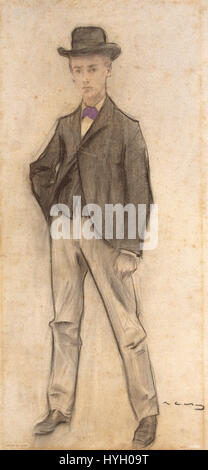 Ramon Casas, un importante pittore spagnolo, è riconosciuto per il suo stile modernista. Questa opera d'arte, esposta al MNAC, cattura un momento di vita contemporanea, offrendo uno sguardo alla borghesia spagnola del XIX secolo. Foto Stock