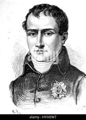 Giuseppe Bonaparte (1768–1844) era il fratello maggiore di Napoleone Bonaparte, e servì come re di Napoli e Spagna. Il suo ritratto, spesso raffigurante lui in abiti regali, riflette il suo alto status e influenza politica durante l'era napoleonica. Foto Stock